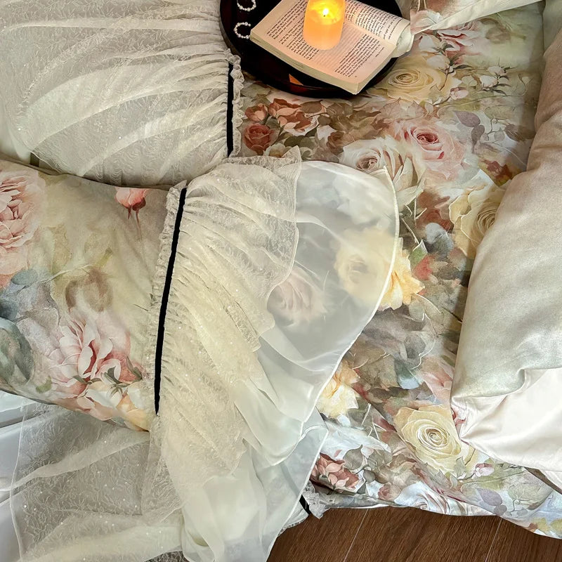 Afralia™ Double Lace Ruffles Egyptian Cotton Thickened Bedding Set - Duvet Covers, Sheet, Pillowcases