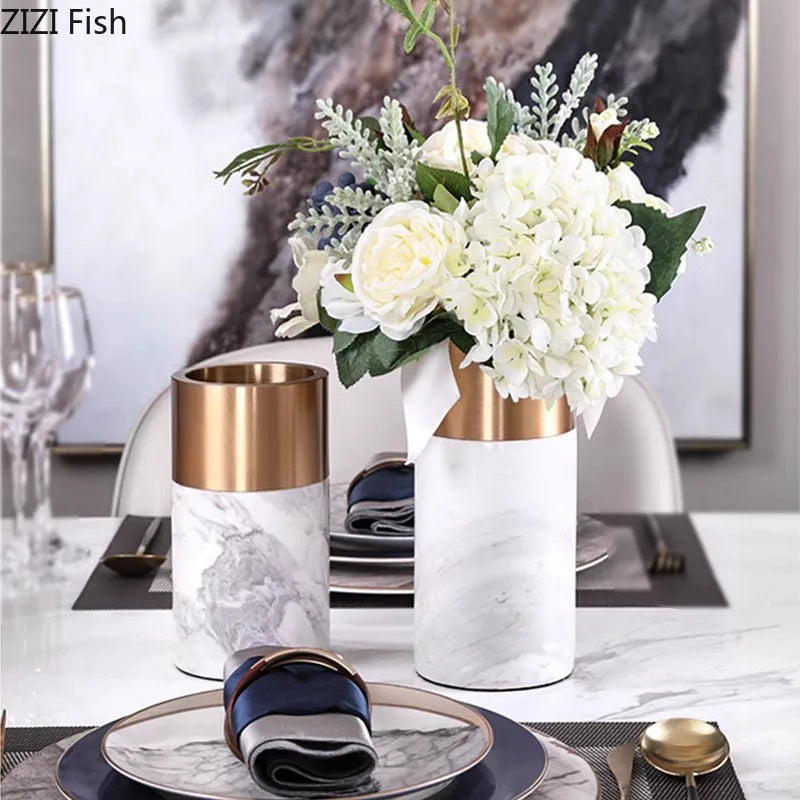 Marble Cylinder Vase by Afralia™ - Gold-plated Ceramic Desk Decor