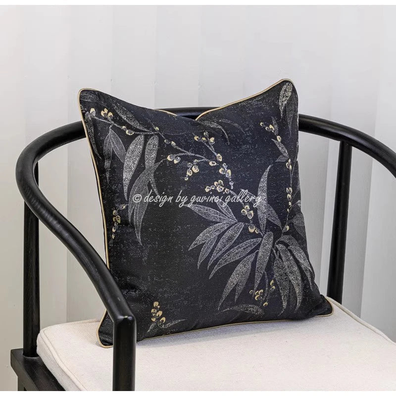 Afralia™ Black & Gold Floral Jacquard Throw Pillow Cover Oriental Art Case