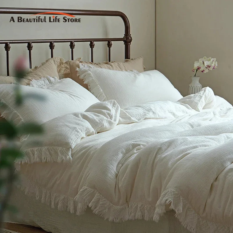 Afralia™ Soft Cotton Tassel Ruffles Bedding Set with Duvet Cover, Sheet & Pillowcases