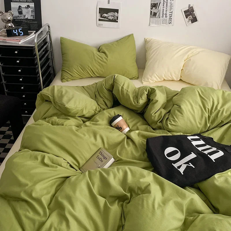 Afralia™ Washed Cotton Bed Set - Soft & Breathable 4-Piece Solid Color Duvet Cover Bed Sheet