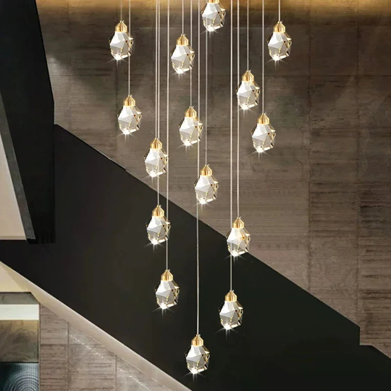 Afralia™ Nordic Crystal Cube Chandelier LED Light for Home Staircase Loft Living Room