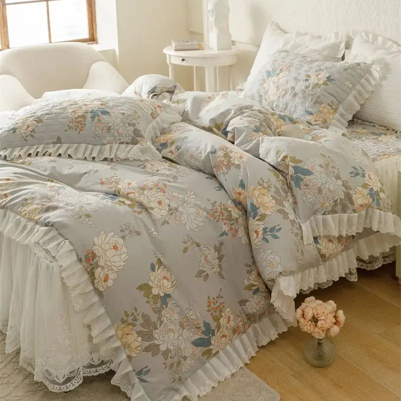 Afralia™ Floral Print Cotton Princess Bedding Set with Vintage Lace Details