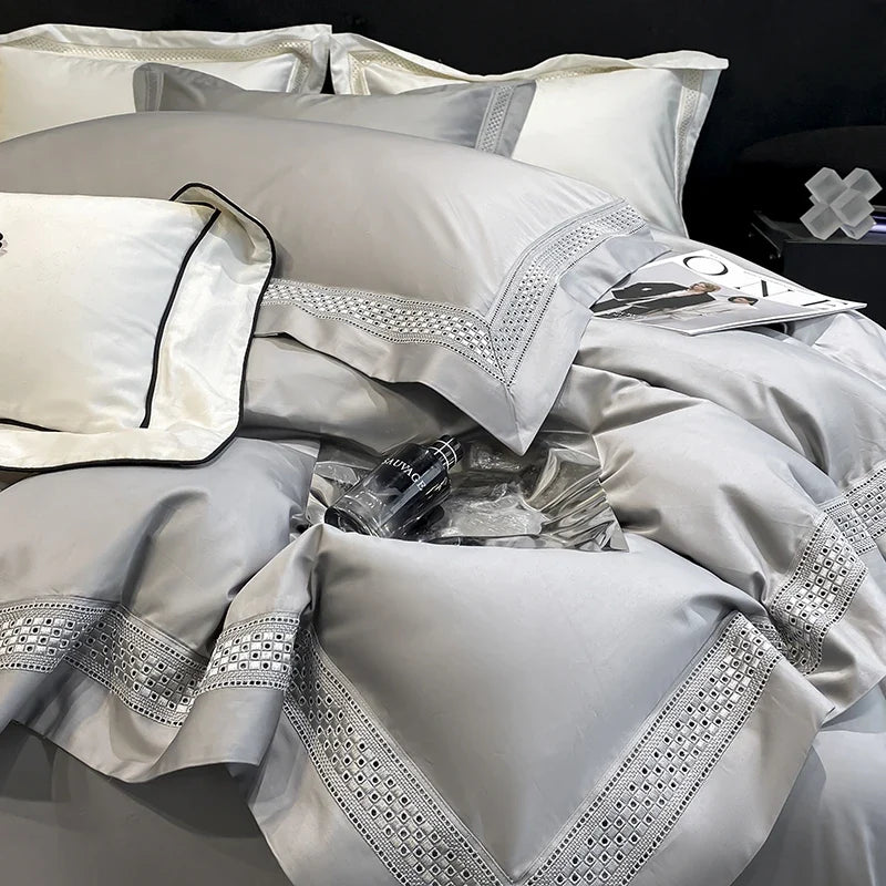 Afralia™ Luxury Hollow Edge Egyptian Cotton Bedding Set, White/Grey/Pink/Blue, 4-Piece