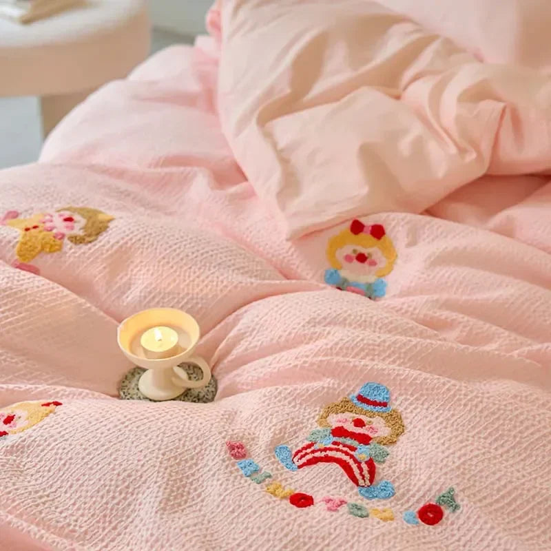 Afralia™ Pink Waffle Cotton Duvet Set with Sheet, Pillow, and Throw - High-End Embroidered Bedding
