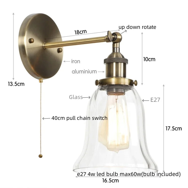 Afralia™ Vintage LED Wall Sconce Pull Chain Switch Glass Country Mirror Light