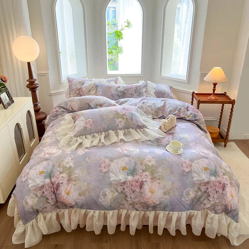 Afralia™ French Vintage Lace Princess Bedding Set with Floral Print Quilt Cover
