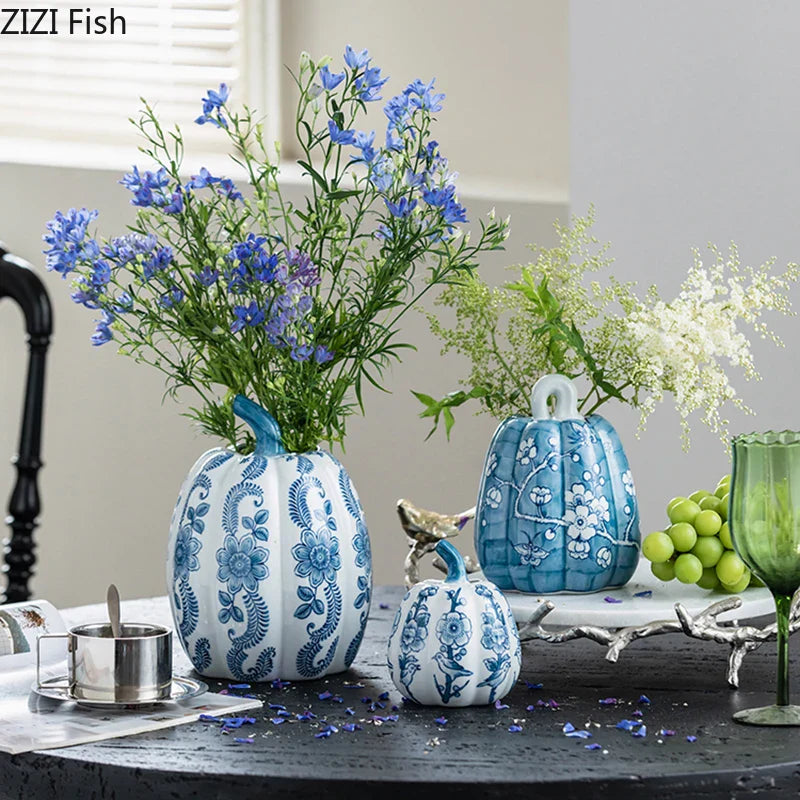 Afralia™ Blue White Porcelain Pumpkin Vase Desk Decoration Artificial Flowers Bouquet