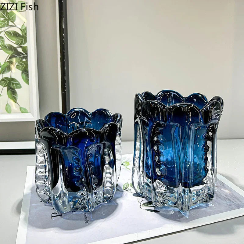 Afralia™ Forest Green Glass Vase Wrinkled Flower Pots Desk Decoration Aesthetic Floral Vases