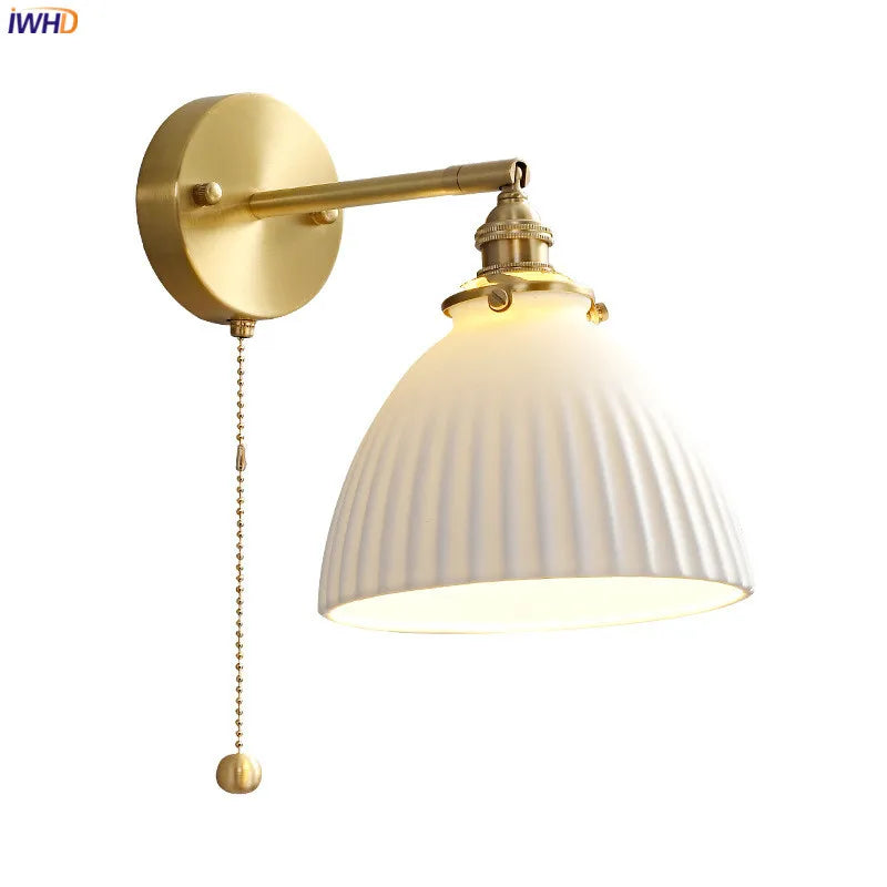 Afralia™ Copper Nordic Ceramic LED Wall Sconce Pull Chain Switch E14 Socket Home Lighting