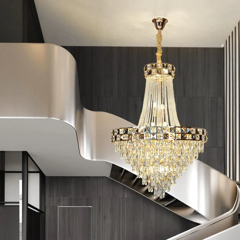 Afralia™ Smart Dimming Crystal Chandelier for Luxury Villa Living Room, High-end Duplex Building Atmosphere