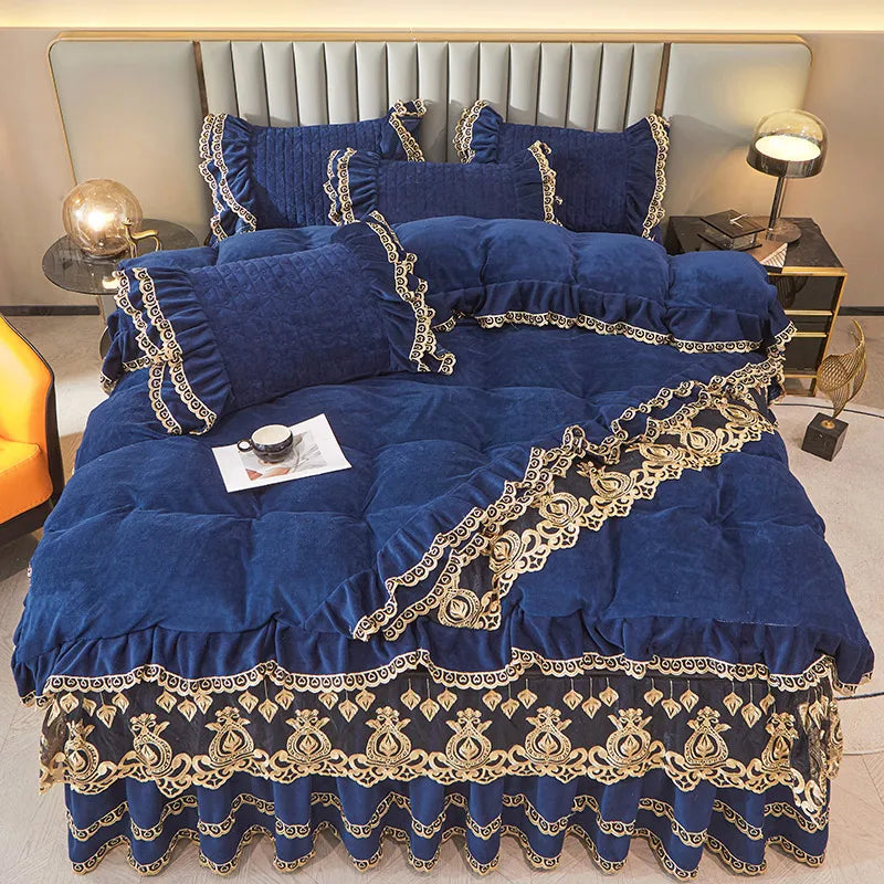 Afralia™ Velvet Bedding Set with Gold Lace Ruffles, Removable Bed Skirt & Pillowcase