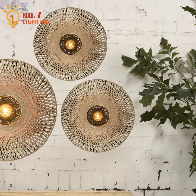 Afralia™ Bamboo Weaving Wall Lamp LED E27 Zen Art Decor for Study Tea Living Room