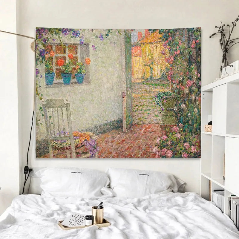 Afralia™ Rose Garden Tapestry Retro Oil Painting Wall Cloth for Bedroom Decor