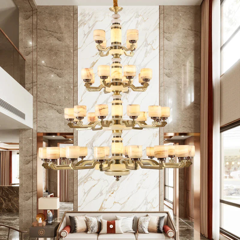 Afralia™ New Chinese Style Chandelier Living Room Light Restaurant Modern Jade Villa Large Pendant Light