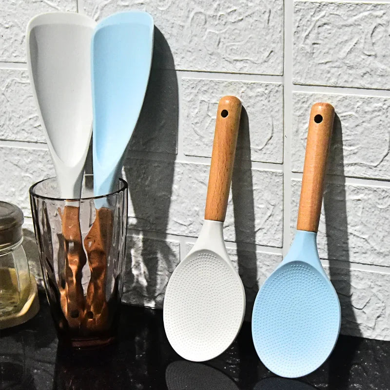 Afralia™ Silicone Rice Shovel Spoon with Wooden Handle - Non-Stick Cooking Spatula Scoop