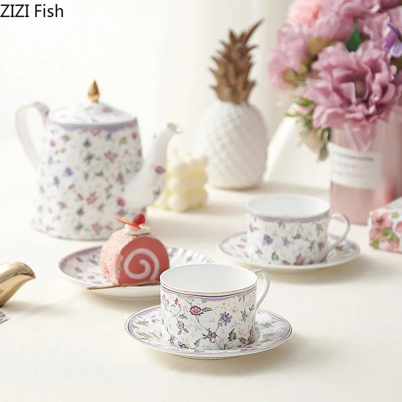 Afralia™ Rural Flowers Ceramic Cup & Saucer Set for Dining Table and Coffee, Classical Design