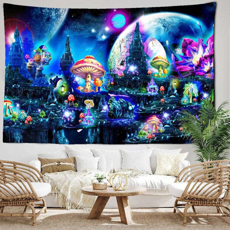 Afralia™ Mushroom Castle Tapestry Wall Hanging for Magical Home Decor