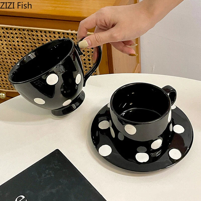 Afralia™ Polka Dots Ceramic Cup&Saucer Set - Modern Mugs for Coffee, Tea, Juice