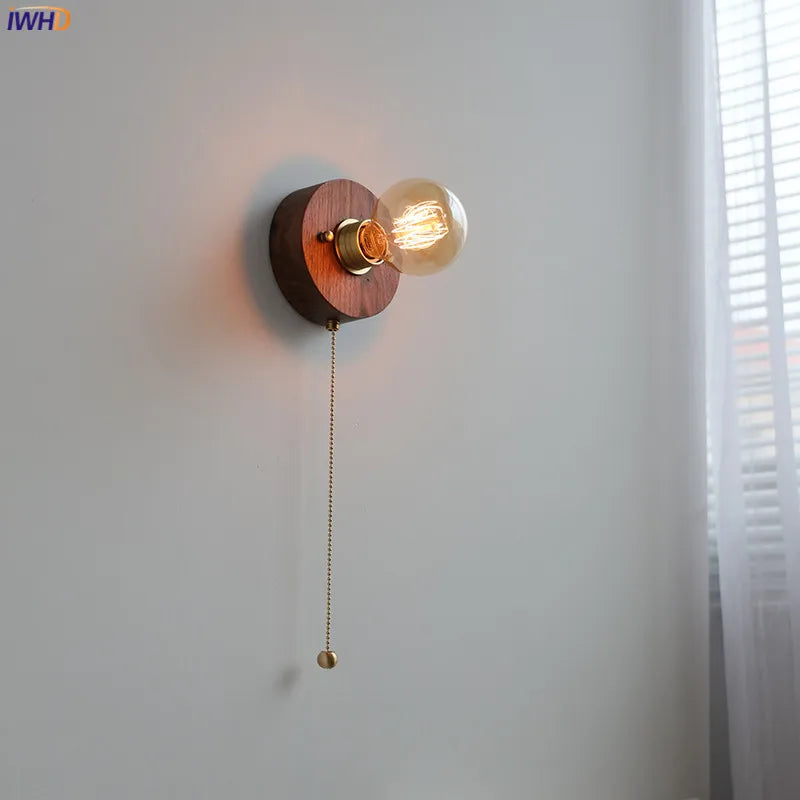 Afralia™ Vintage LED Wall Lamp Wood & Copper Pull Chain Switch, Japanese Style