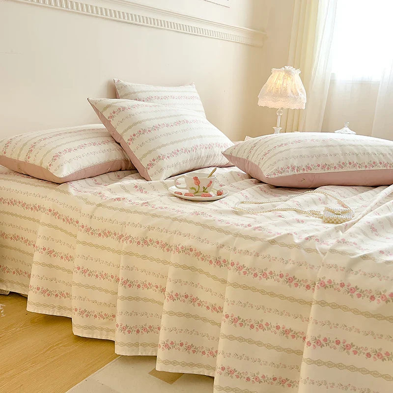Afralia™ Vintage Plant Floral Cotton Flat Sheet Set with Pillowcases
