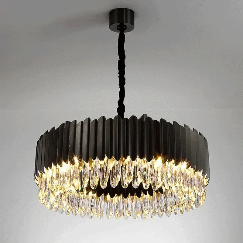 Afralia™ Crystal Chandelier: Black Gold Round LED Pendant Light for Living Room or Bedroom