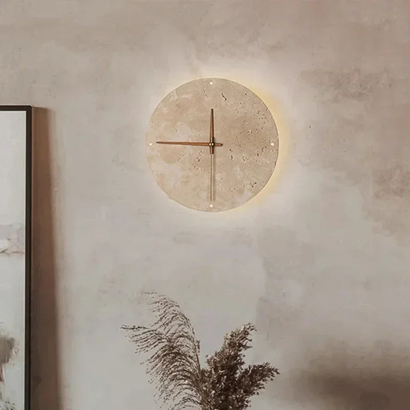 Afralia™ Travertine Marble Clock Wall Light for Creative Wabi Sabi Yellow Living Room