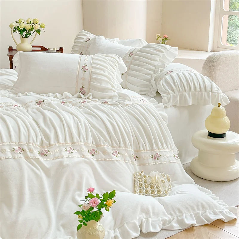 Afralia™ Pleat Lace Ruffle Princess Fleece Bedding Set