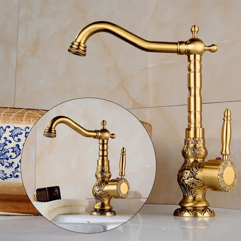 Afralia™ Brass Carved Bathroom Faucet, Single Handle Hot & Cold Water Mixer Tap
