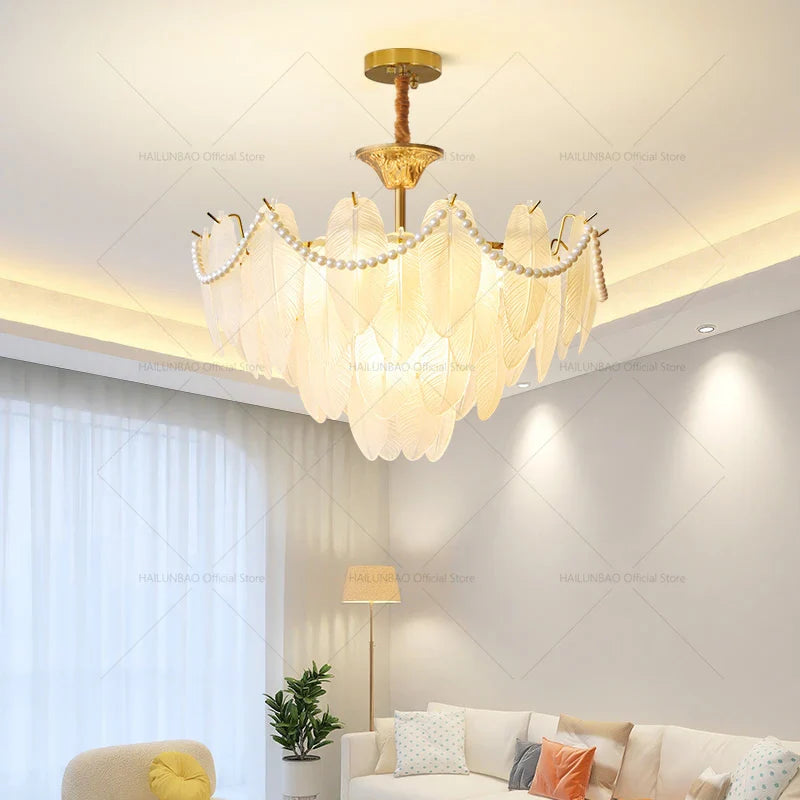 Afralia™ Cream Wind Feather Pearl Crystal Chandelier for Luxury Living Room and Bedroom