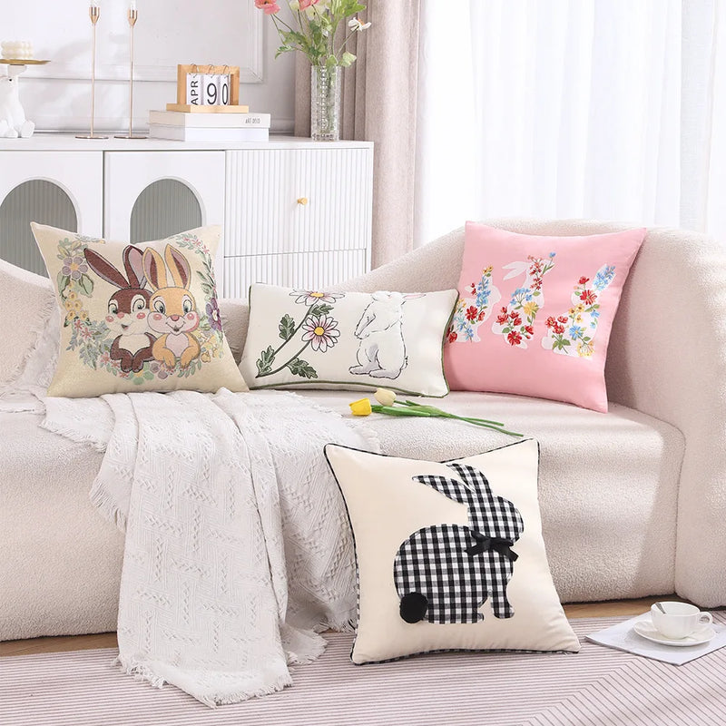 Afralia™ Bunny Cushion Cover Pink White Floral Embroidered Easter Home Sofa Decoration