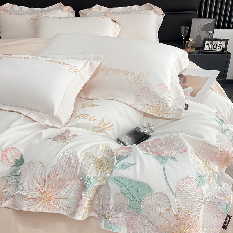 Afralia™ Embroidered Flowers Butterfly Bedding Set - 4Pcs