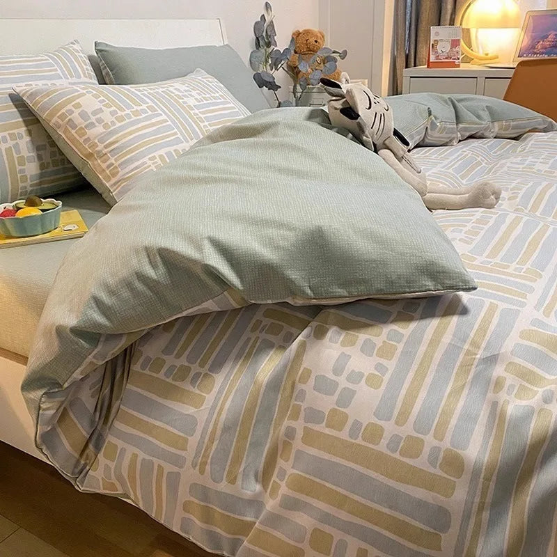 Afralia™ Pure Cotton Striped Bedding Set Duvet Cover Fitted Sheet Kit for Single/Double