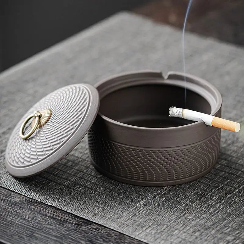 Afralia™ Retro Ceramic Ashtray with Cover - Blessing Character Decor, Portable Home Gift.