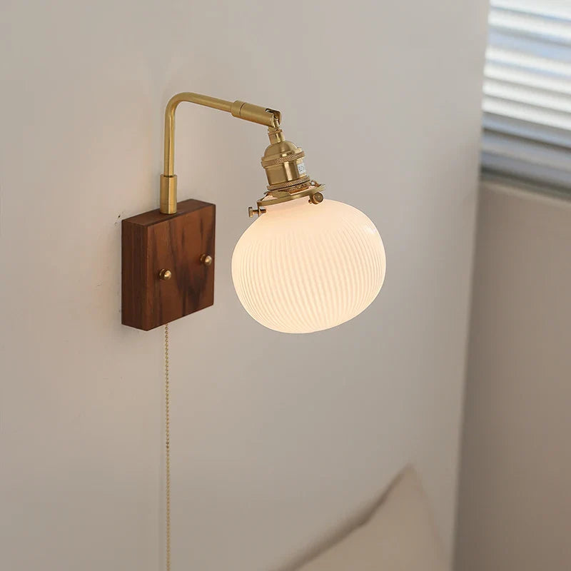 Afralia™ Globe Ceramic Walnut Wood Wall Light with Pull Chain Switch and Rotatable Design
