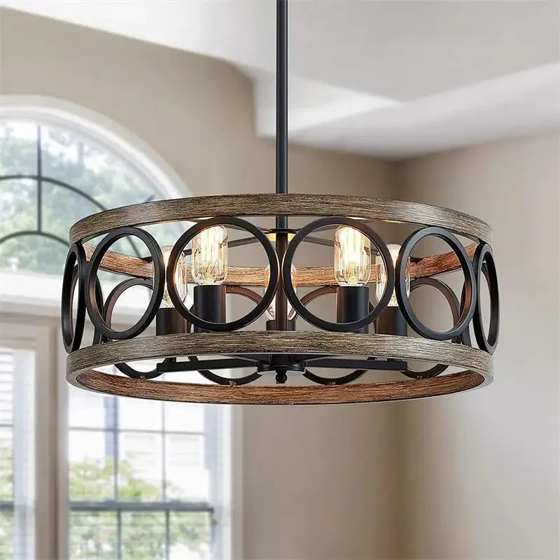 Afralia™ Industrial Farmhouse Circular Chandelier Retro Iron Art Wood Grain Ceiling Light