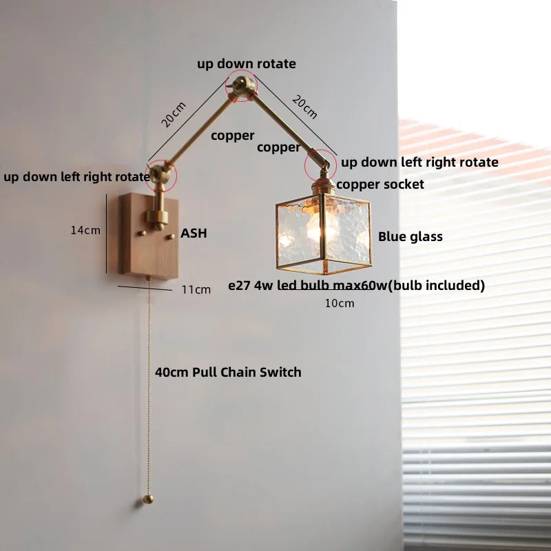 Afralia™ Ash Wood LED Swing Arm Wall Light with Pull Chain Switch & Blue Glass