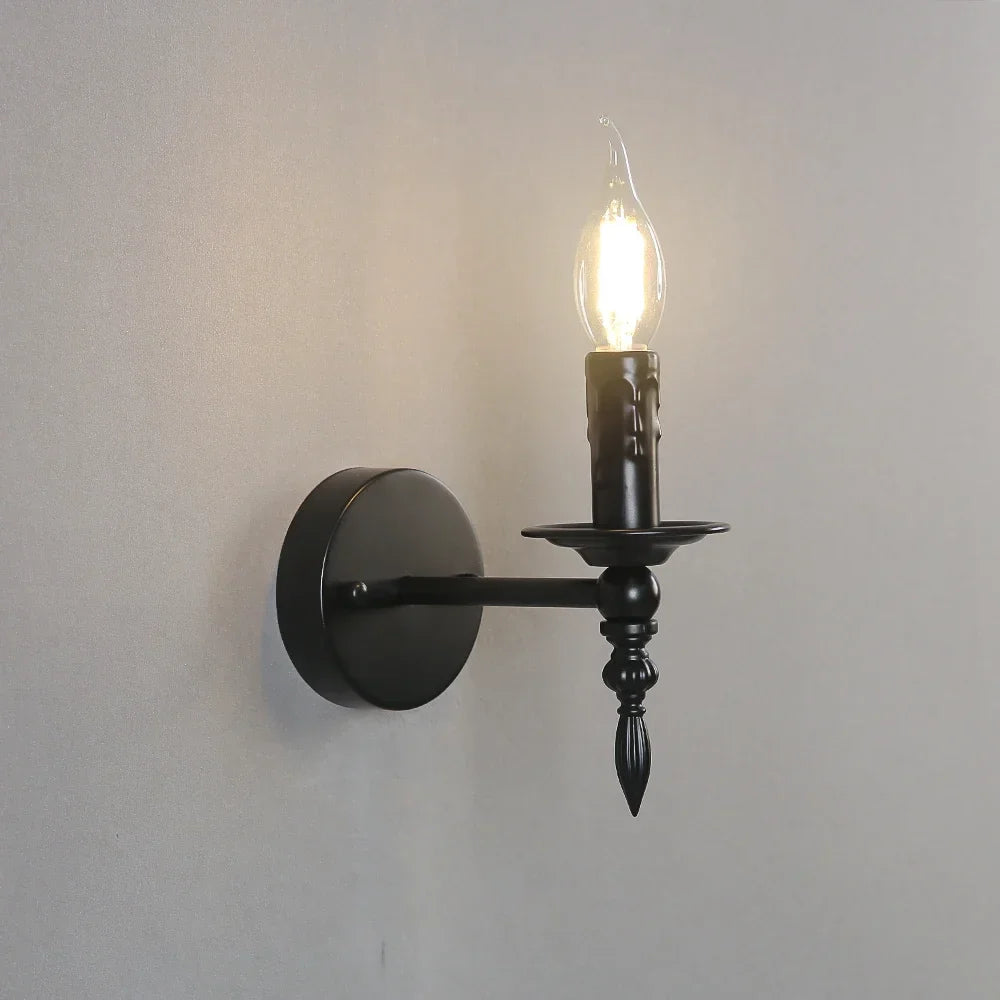 Afralia™ Iron Art Wall Lamp: Retro Black Candle LED Sconces for Living Room, Bedside & Corridor