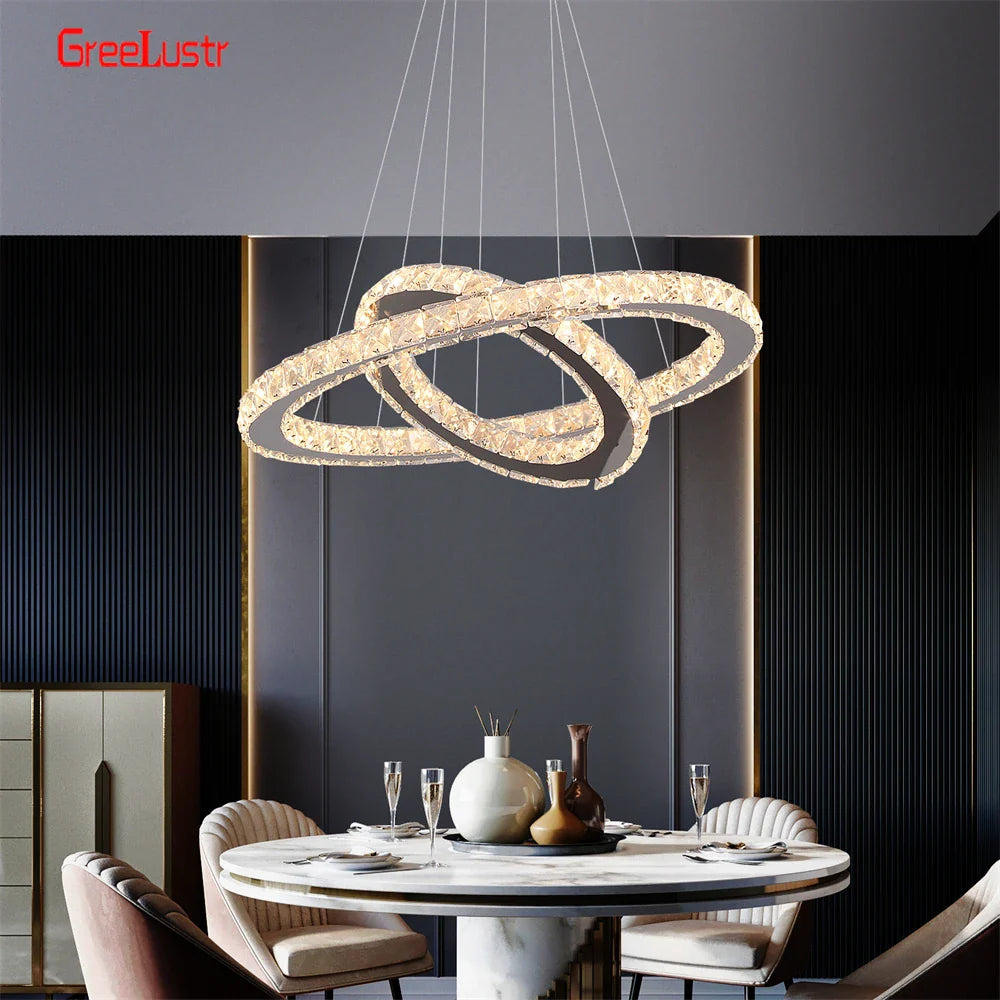 Afralia™ Crystal Chrome LED Pendant Light Rings Chandelier for Living Room Bedroom