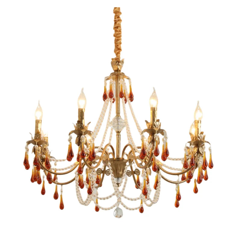 Afralia™ Luxury Red Crystal Candle Chandelier LED Pendant Light - Copper E14 Glamourizing Luminarias