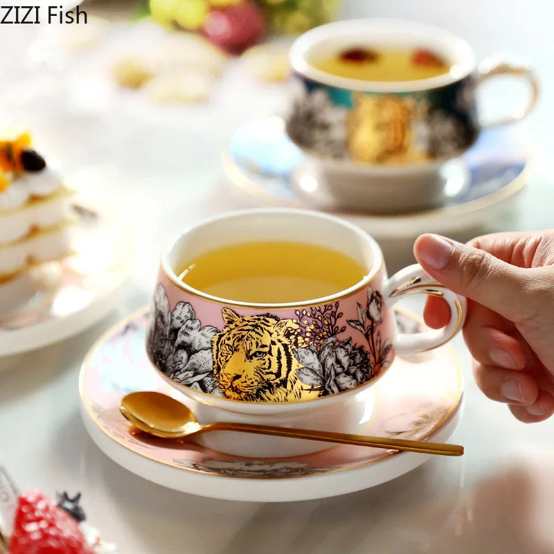 Afralia™ Tiger Pattern Porcelain Cup & Saucer Set - Exquisite Coffee Mug