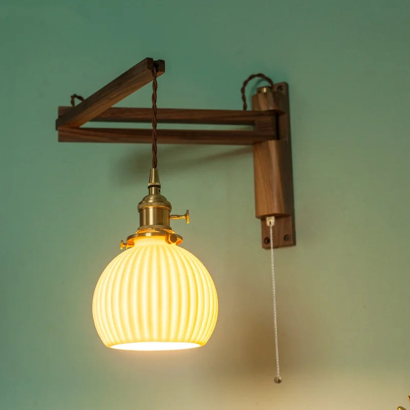 Afralia™ Ceramic LED Wall Sconce Walnut Wood Copper Pull Chain Switch Light