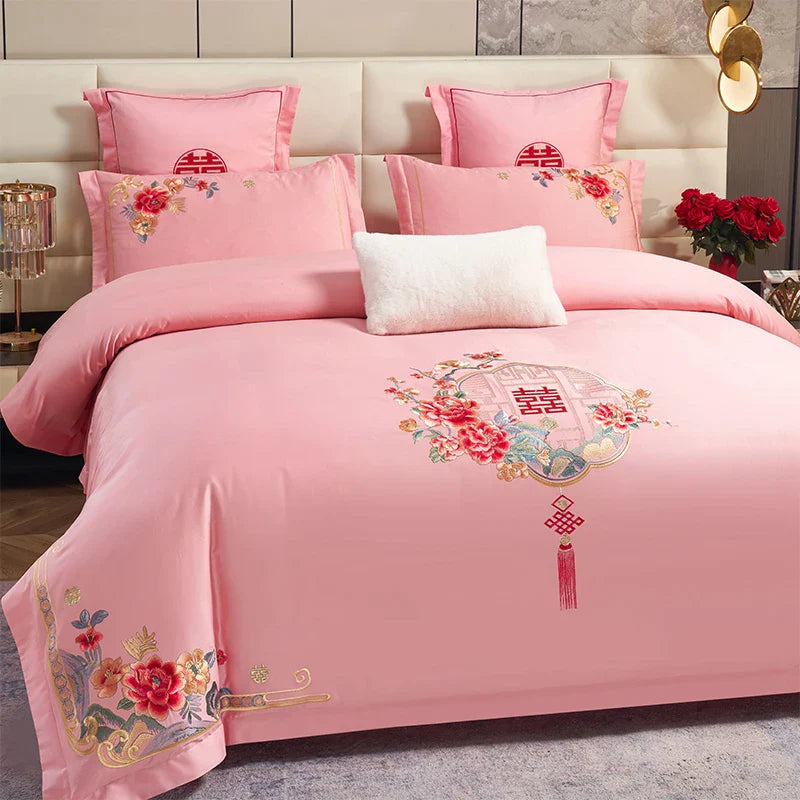 Afralia™ Red Luxury Chinese Wedding Embroidery 4Pcs 800TC Egyptian Cotton Bedding Set