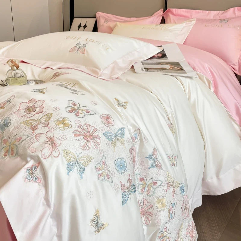 Afralia™ Luxury Butterfly Flowers Embroidery White/Pink Bedding Set
