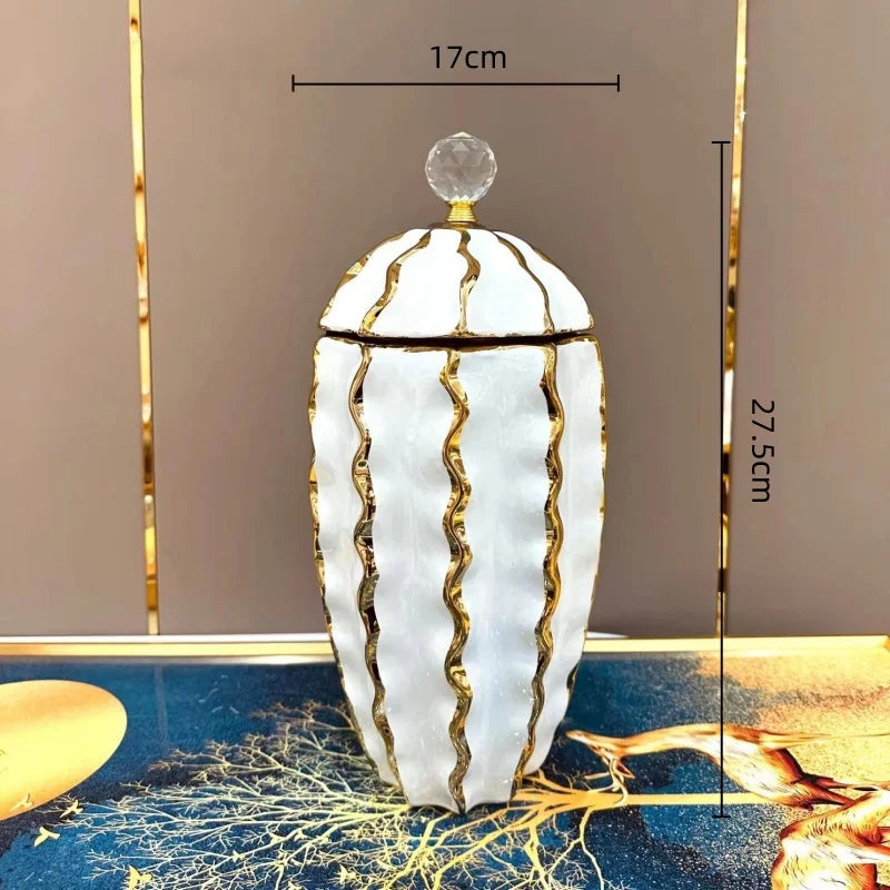 Afralia™ Golden Checkmate Ceramic Pot Vase Wavy Gilt Storage Tank