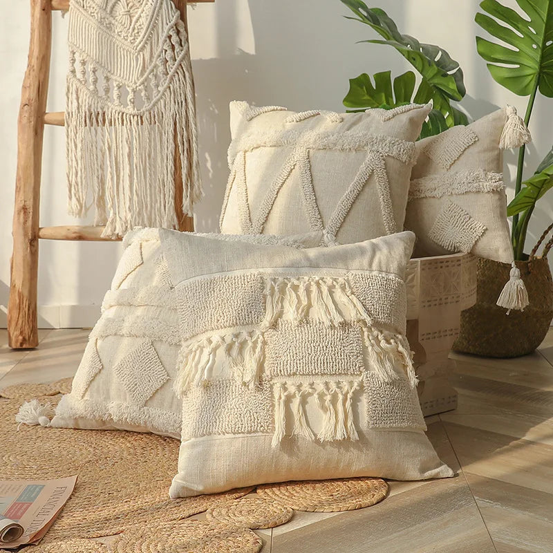 Afralia™ Boho Beige White Tufted Tassel Pillow Cover Set
