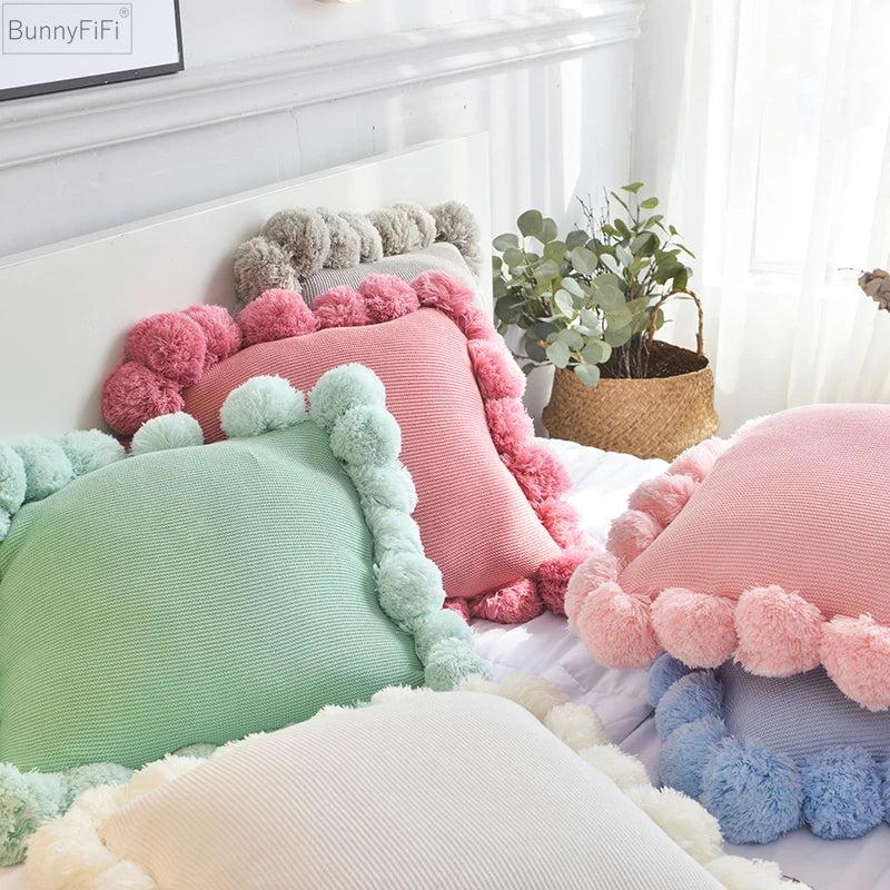 Afralia™ Pompom Knit Cushion Cover Set- Grey, Pink, Green- 45*45cm