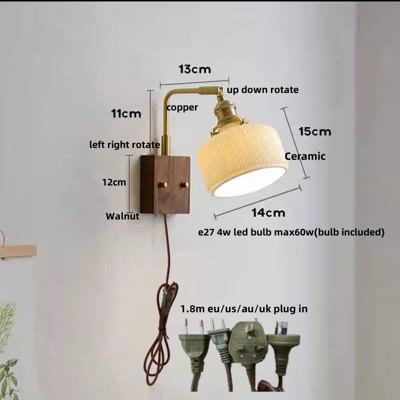 Afralia™ Rotatable Ceramic LED Wall Sconce Nordic Walnut Wood Bedside Lamp