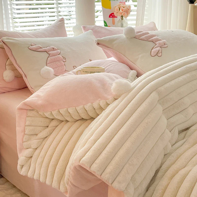 Afralia™ Rabbit Velvet Bedding Set: Single Queen King Size Plush Duvet Cover, Bed Sheet, Pillowcases