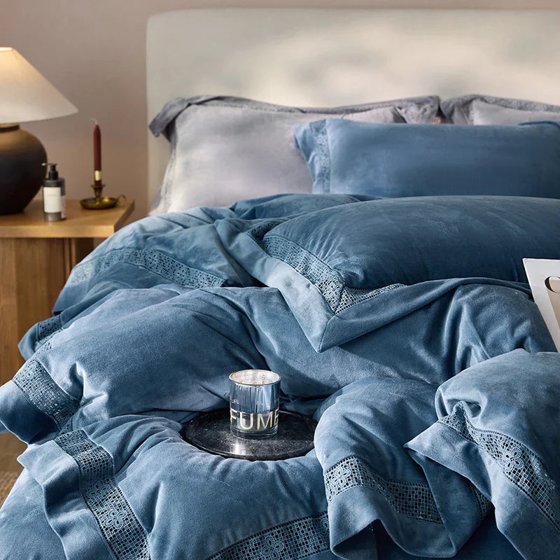 Luxury Gold Velvet Lace Duvet Bedding Set by Afralia™, Cozy Furry Winter Collection